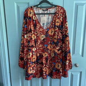Bloomchic‎ Womens Babydoll Floral V-Neck Blouse Top 18/20 Long Sleeve Red Orange